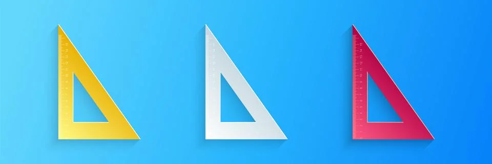Paper cut Triangular ruler icon isolated on blue background. Straightedge symbol Stock Illustration