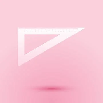 Paper cut Triangular ruler icon isolated on pink background. Straightedge symbol Ilustração Stock