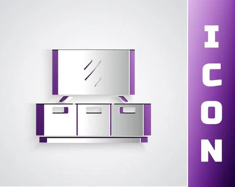 Paper cut TV table stand icon isolated on grey background. Paper art style Stock Illustration