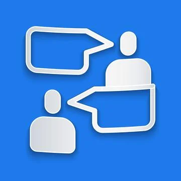 Paper cut Two sitting men talking icon isolated on blue background. Speech bu Stock Illustration