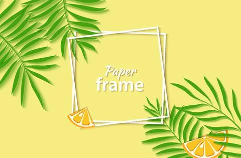 Paper cut two white square frames with green tropical palm leaves and slice Illustrazione stock