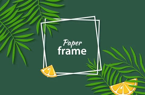 Paper cut two white square frames with tropical palm leaves and slice orange Stock Illustration