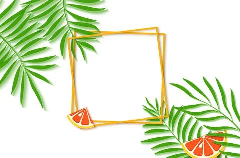 Paper cut two yellow square frames with tropical palm leaves and slice orange Stock Illustration