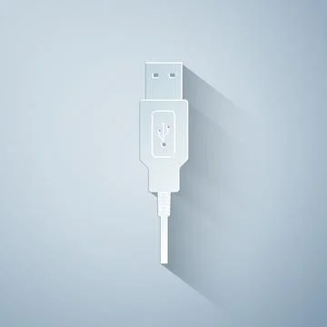 Paper cut USB cable cord icon on grey background. Connectors and sockets for PC Stock Illustration