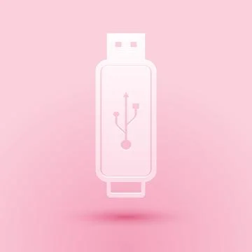 Paper cut USB flash drive icon isolated on pink background. Paper art style Stock Illustration