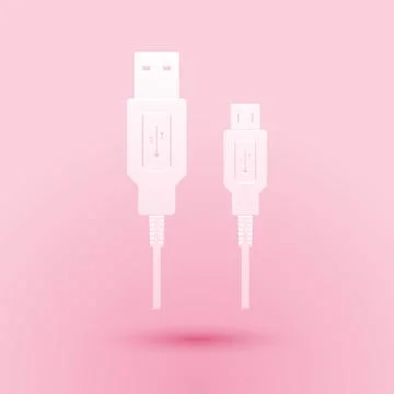 Paper cut USB Micro cables icon isolated on pink background. Connectors and Stock Illustration