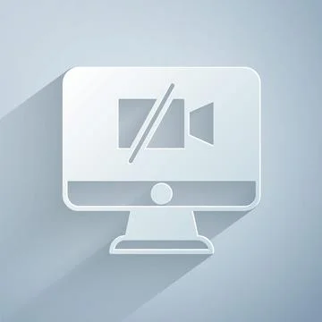 Paper cut Video camera Off on computer icon isolated on grey background. No Stock Illustration