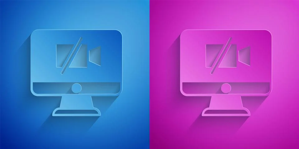 Paper cut Video camera Off on computer icon isolated on blue and purple Stock Illustration