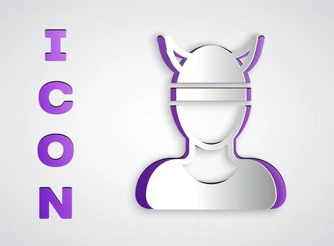 Paper cut Viking head icon isolated on grey background. Paper art style. Vect Stock Illustration