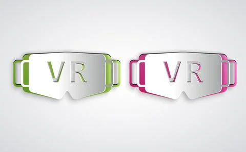 Paper cut Virtual reality glasses icon isolated on grey background. Stereoscopic Stock Illustration