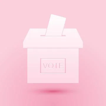 Paper cut Vote box or ballot box with envelope icon isolated on pink background 스톡 일러스트