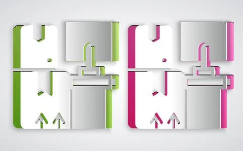 Paper cut Warehouse interior with boxes on racks icon isolated on grey Illustrazione stock