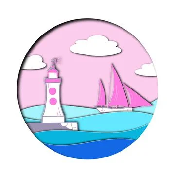 Paper cut water waves with lighthouse and ship Stock Illustration