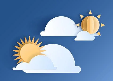 Paper cut weather element of clouds and sun on blue sky Stock Illustration