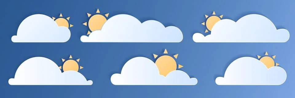 Paper cut weather element of clouds and sun on blue sky Stock Illustration
