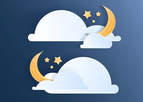Paper cut weather element of clouds and moon on blue background Stock Illustration