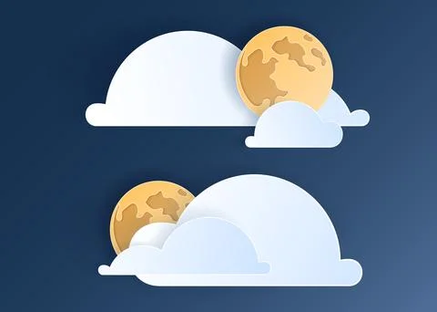 Paper cut weather element of clouds and moon on blue background Stockillustratie