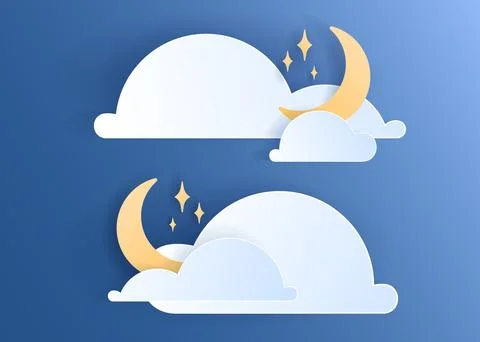 Paper cut weather element of clouds and moon on blue background Иллюстрация
