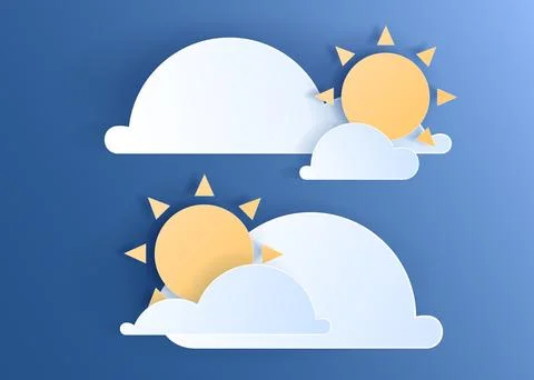 Paper cut weather element of clouds and sun on blue sky Stockillustratie