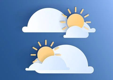 Paper cut weather element of clouds and sun on blue sky Иллюстрация