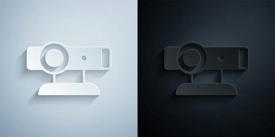 Paper cut Web camera icon isolated on grey and black background. Chat camera 스톡 일러스트