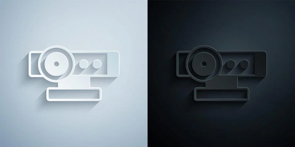 Paper cut Web camera icon isolated on grey and black background. Chat camera 스톡 일러스트