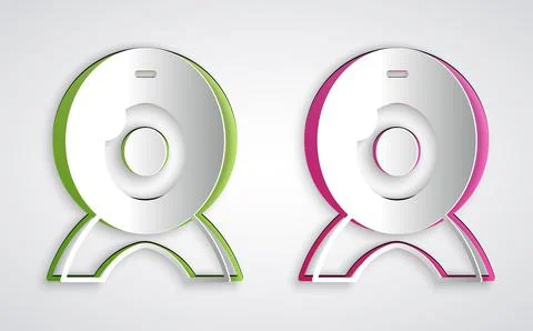Paper cut Web camera icon isolated on grey background. Chat camera. Webcam ic 스톡 일러스트