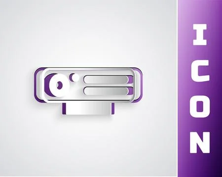 Paper cut Web camera icon isolated on grey background. Chat camera. Webcam ic Stock Illustration