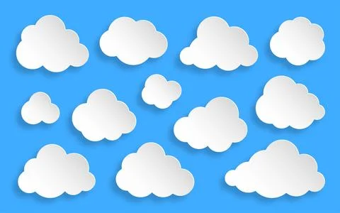 Paper cut white cloud forecast origami icon set Stock Illustration