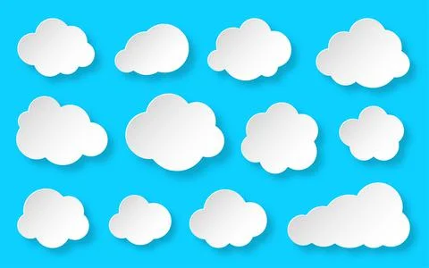 Paper cut white cloud speech bubble banner sky set Stock Illustration