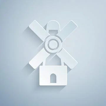 Paper cut Windmill icon isolated on grey background. Paper art style. Vector Stock Illustration