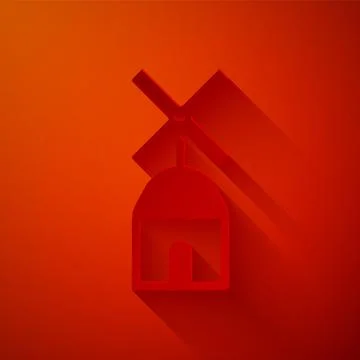 Paper cut Windmill icon isolated on red background. Paper art style. Vector Stock Illustration