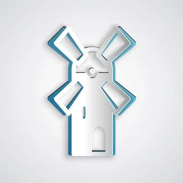 Paper cut Windmill icon isolated on grey background. Paper art style. Vector Stock Illustration