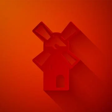Paper cut Windmill icon isolated on red background. Paper art style. Vector Stock Illustration