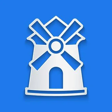 Paper cut Windmill icon isolated on blue background. Paper art style. Vector Stock Illustration