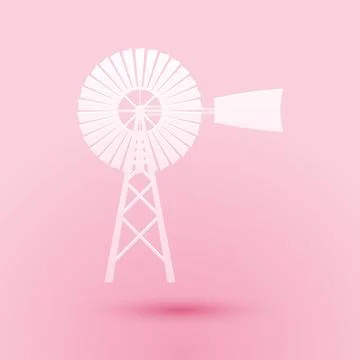 Paper cut Windmill icon isolated on pink background. Paper art style. Vector Stock Illustration