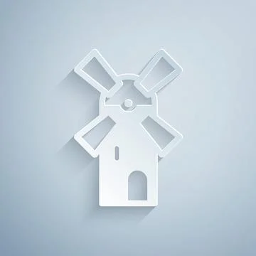 Paper cut Windmill icon isolated on grey background. Paper art style. Vector Stock Illustration
