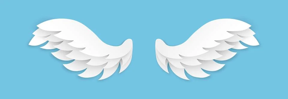 Paper cut wings. Origami flying angel wing, white feathers decoration of heaven Stock Illustration