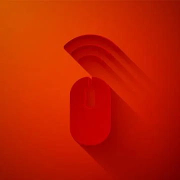 Paper cut Wireless computer mouse system icon isolated on red background Illustrazione stock