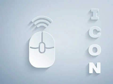 Paper cut Wireless computer mouse icon isolated on grey background. Optical with Stock Illustration