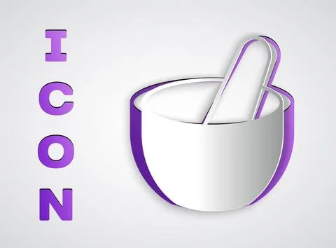 Paper cut Witch cauldron icon isolated on grey background. Happy Halloween .. Stock Illustration