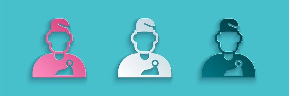 Paper cut Wizard warlock icon isolated on blue background. Paper art style Stock-Illustration