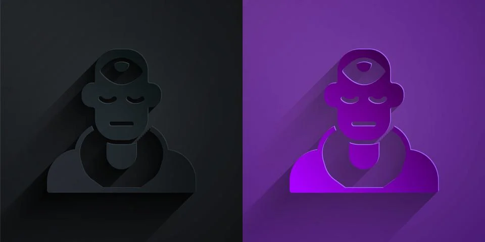Paper cut Wizard warlock icon isolated on black on purple background. Paper a Stock Illustration