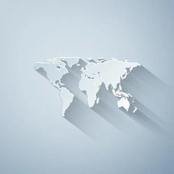 Paper cut World map icon isolated on grey background. Paper art style. Vector 库存插图