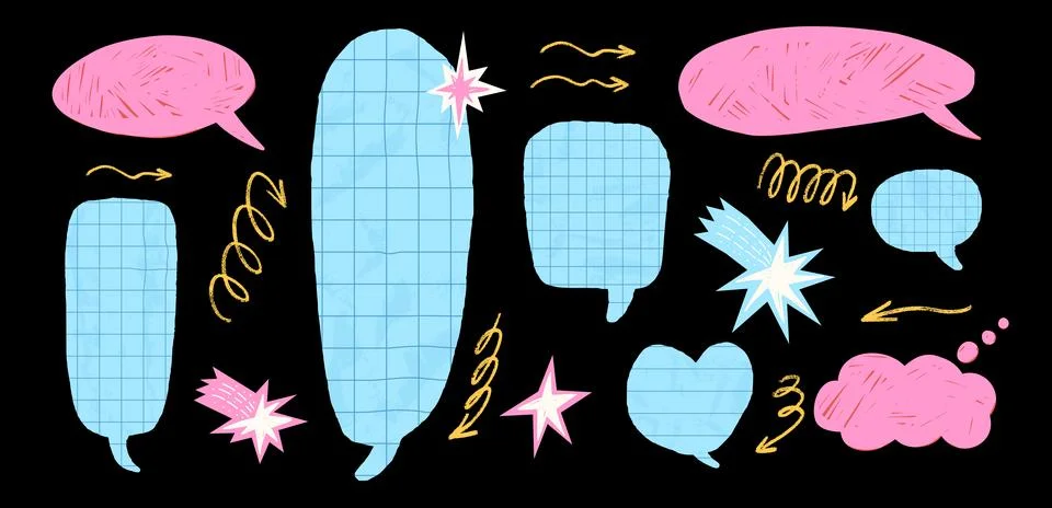 Paper cutout notebook chat bubbles. Heart, oval, rectangle shapes callout Stock Illustration