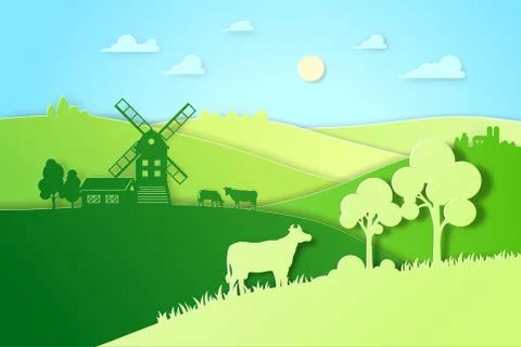 Paper design fields and meadow illustration eco natural farming concept. Farm Stock Illustration