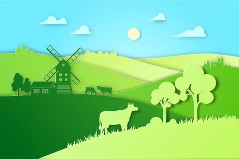 Paper design fields and meadow illustration eco natural farming concept. Farm Stock-Illustration