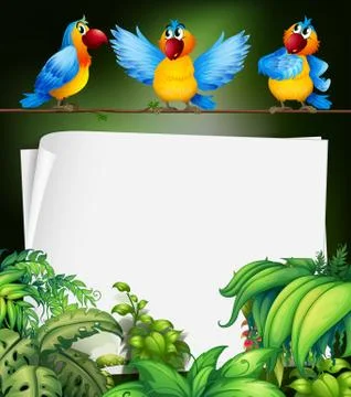 Paper design with three parrots on branch 스톡 일러스트