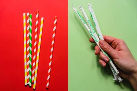 Paper disposable straws vs plastic straws Stock Photos
