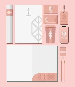 Paper document and bundle of mockup set elements in pink background イラスト素材